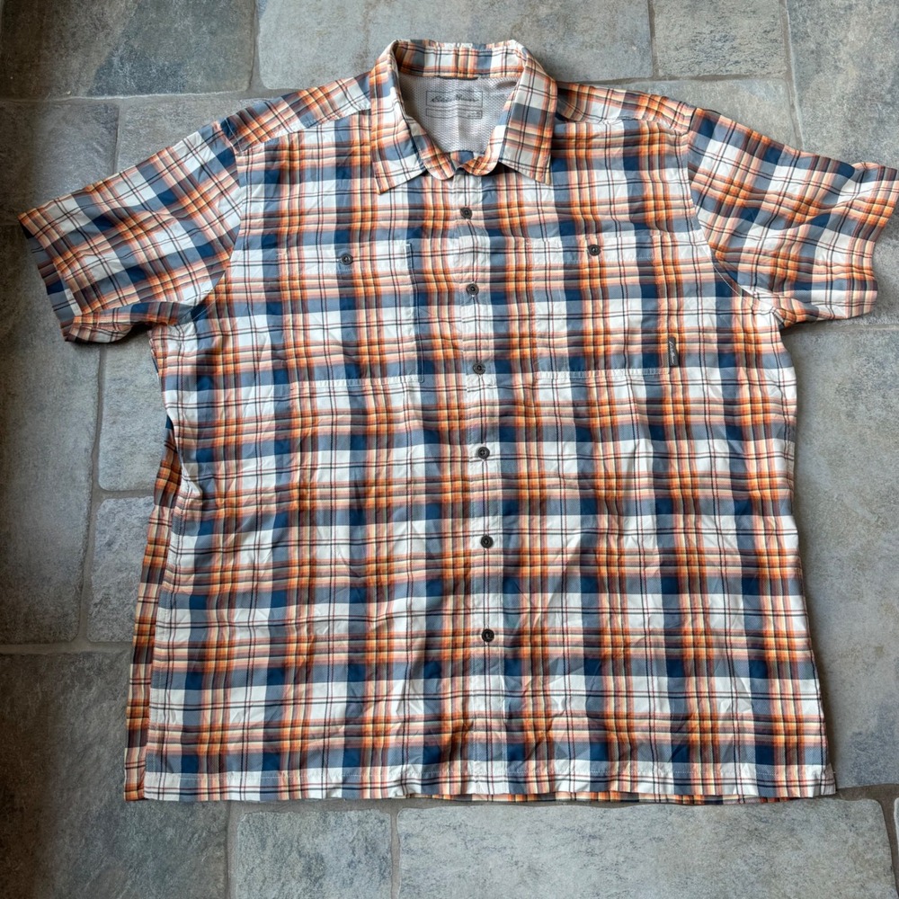 Eddie Bauer Men's XL Lightweight Plaid Shirt Nylon Blend Outdoor Travel Top‎